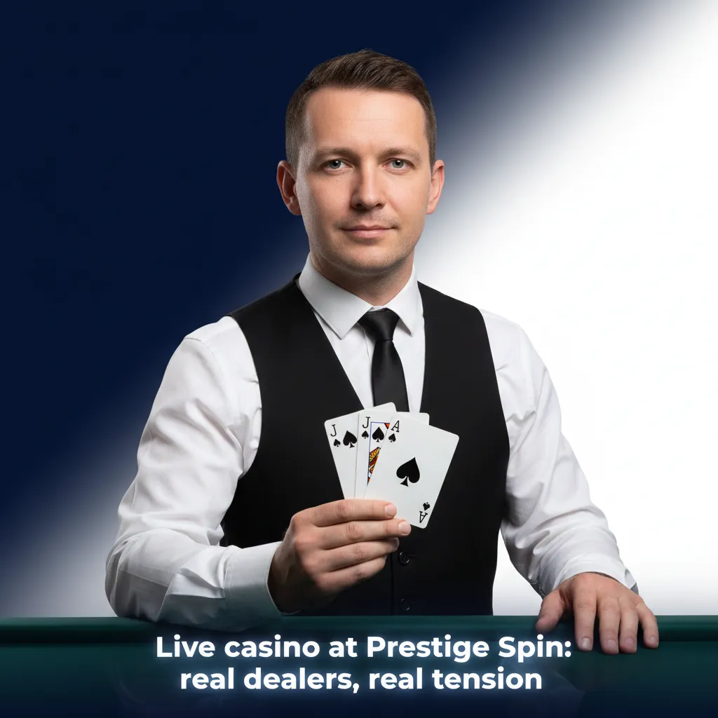 Prestige Spin live casino: real dealers, HD roulette, blackjack, baccarat and game shows with random multipliers.