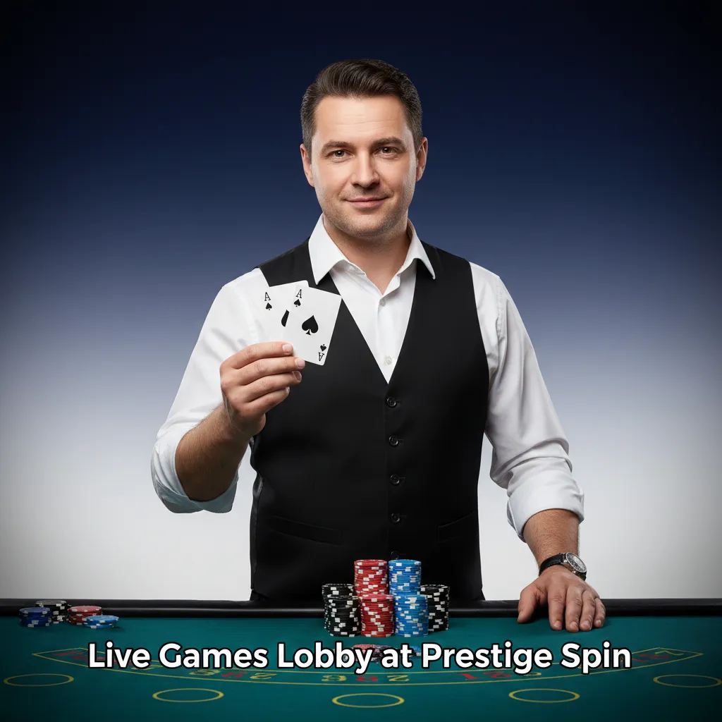 Prestige Spin live dealer lobby with filters and thumbnails for roulette, blackjack, baccarat, poker, and game shows.