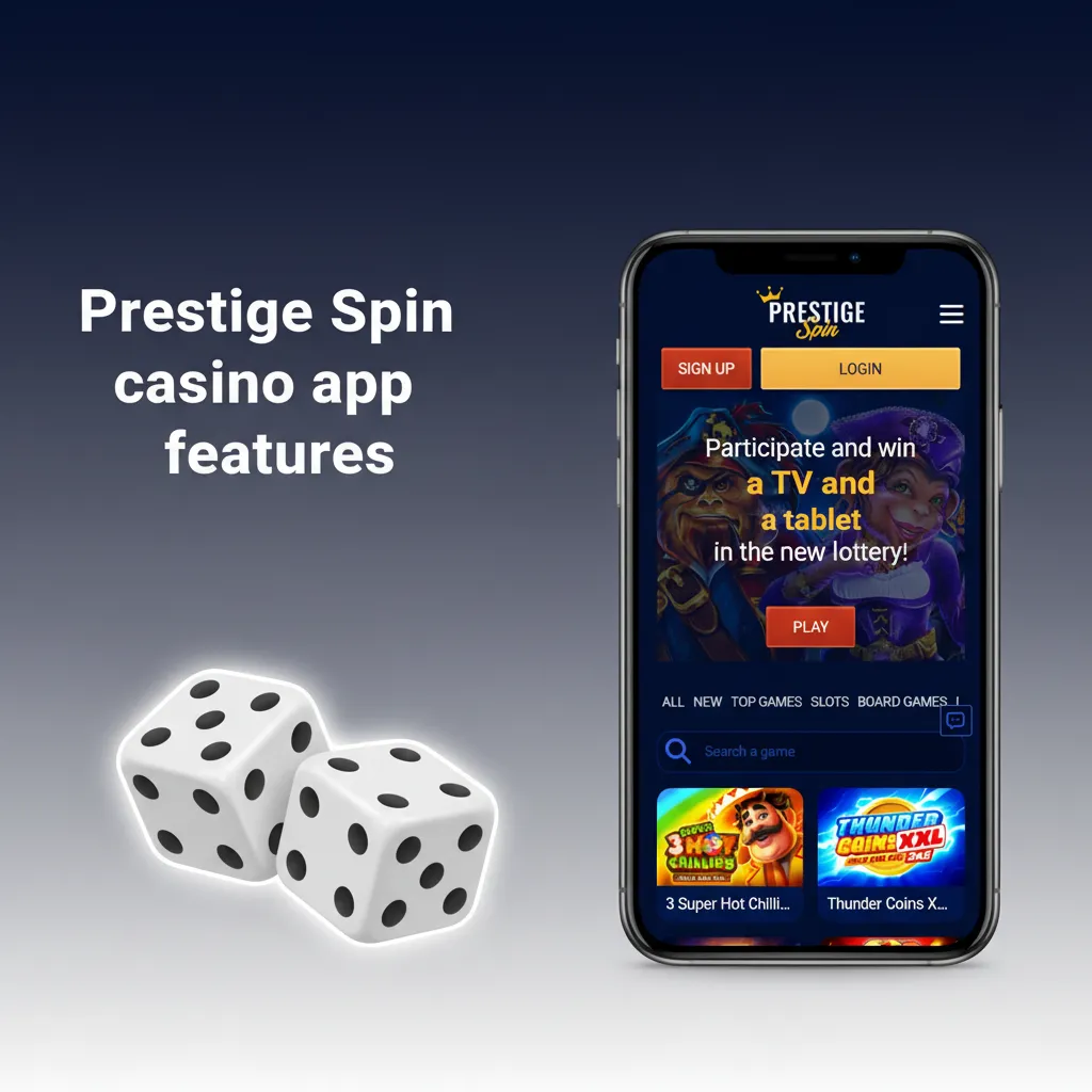 Prestige Spin app showing sportsbook/casino toggle, live tables, providers, promotions, and search filters incl. Megaways