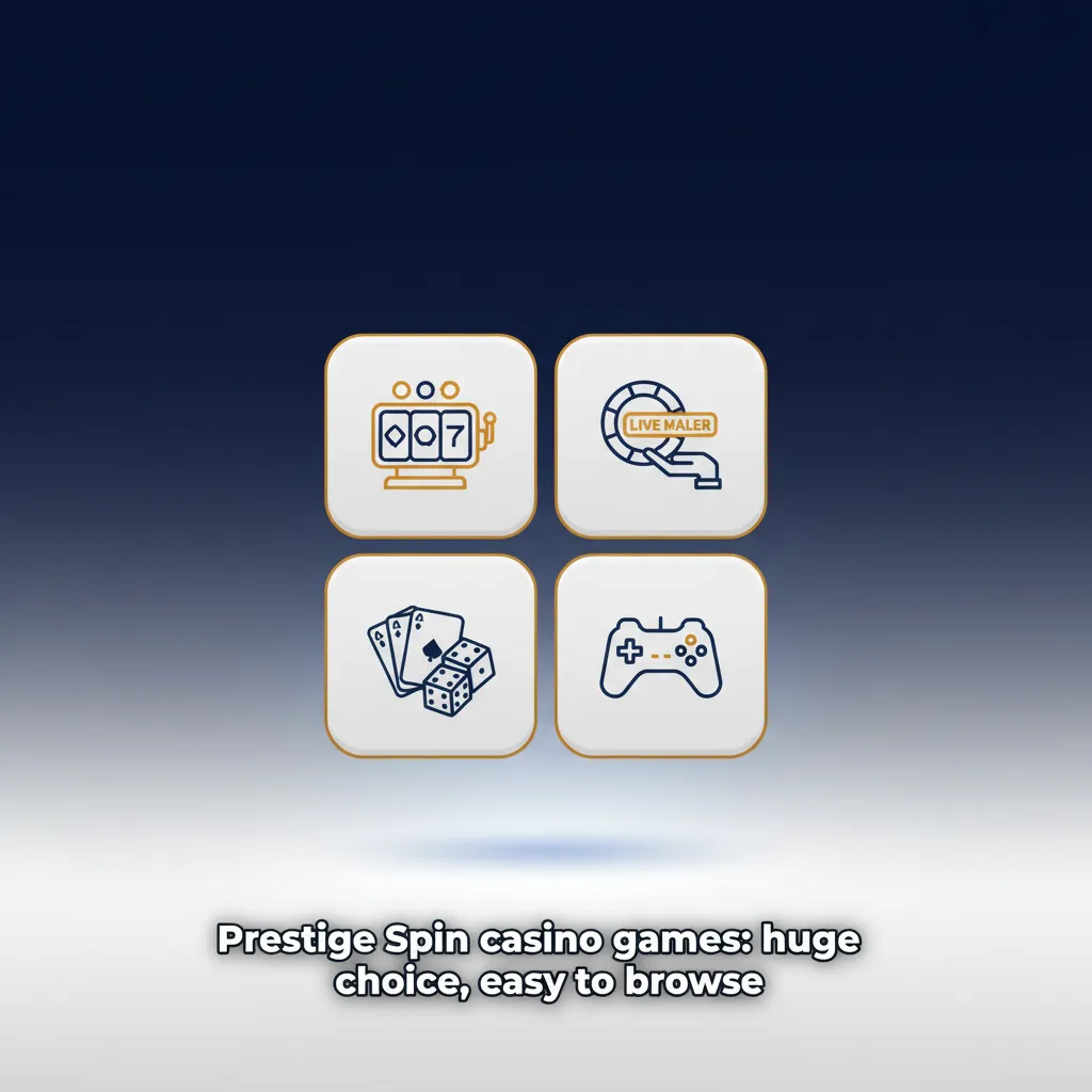 Prestige Spin lobby with filters (volatility, RTP) and categories: Slots, Megaways, Tables, Jackpots, Scratchcards, Crash.