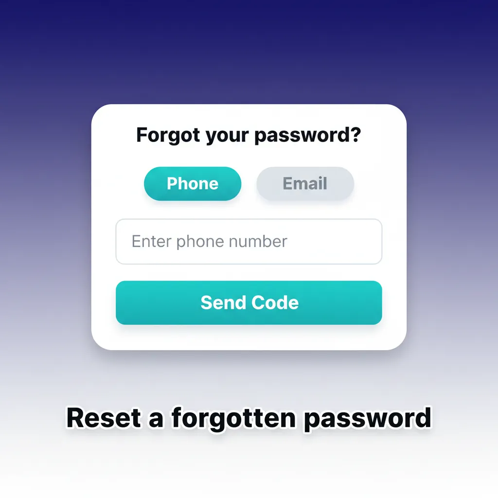 Reset a forgotten password: choose email or SMS, verify with code or link, then create a new password.