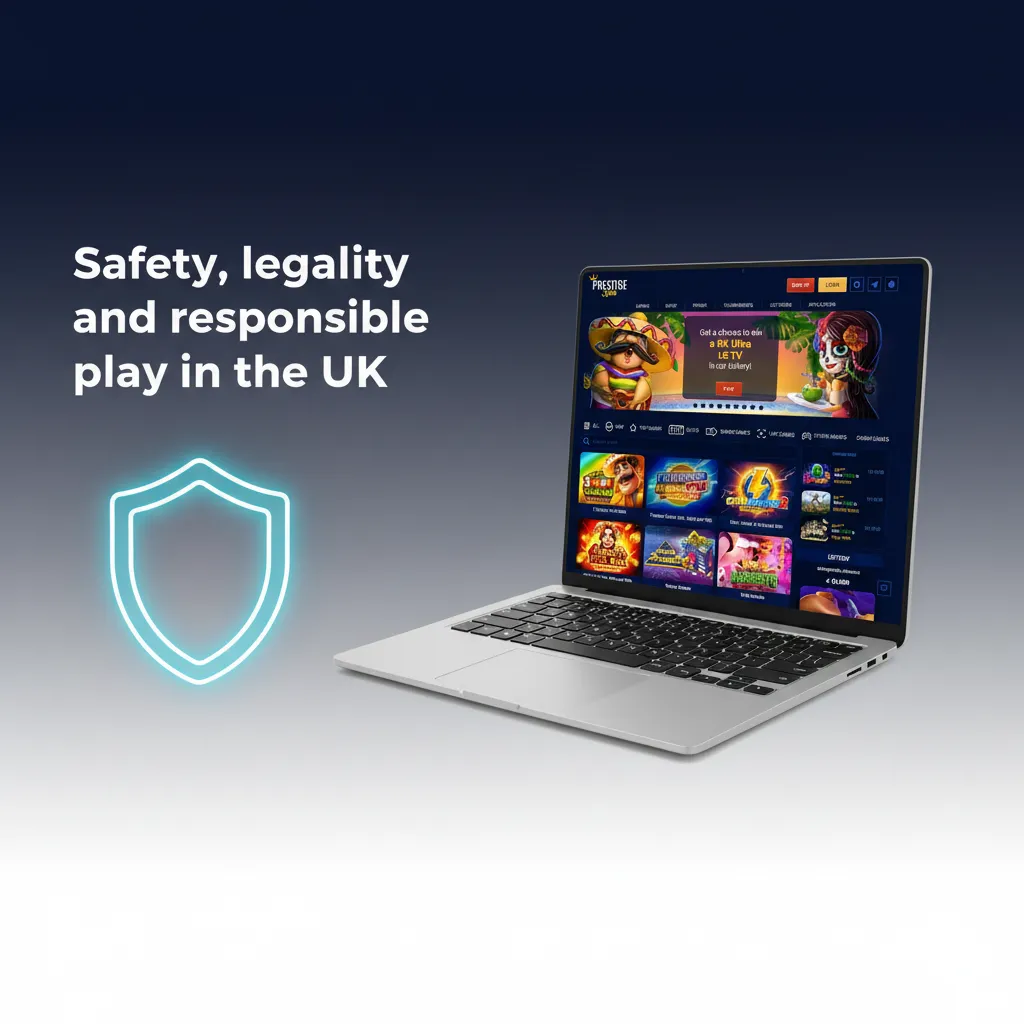 UK responsible play graphic: SSL, privacy-first, KYC/AML, remote gaming licence, deposit limits, time-outs, policy links.