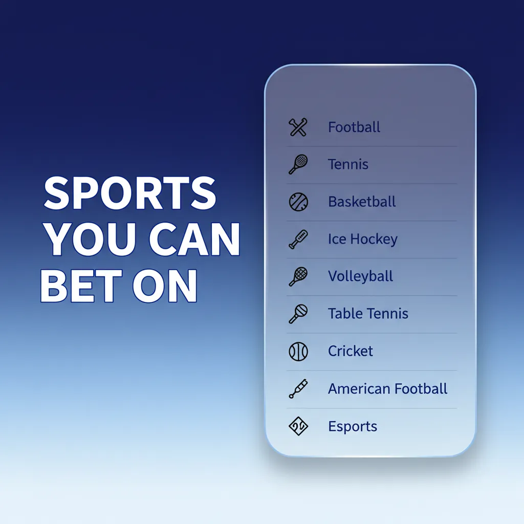 Sports betting options screen showing football, horse racing, tennis, cricket, rugby with live odds and markets.