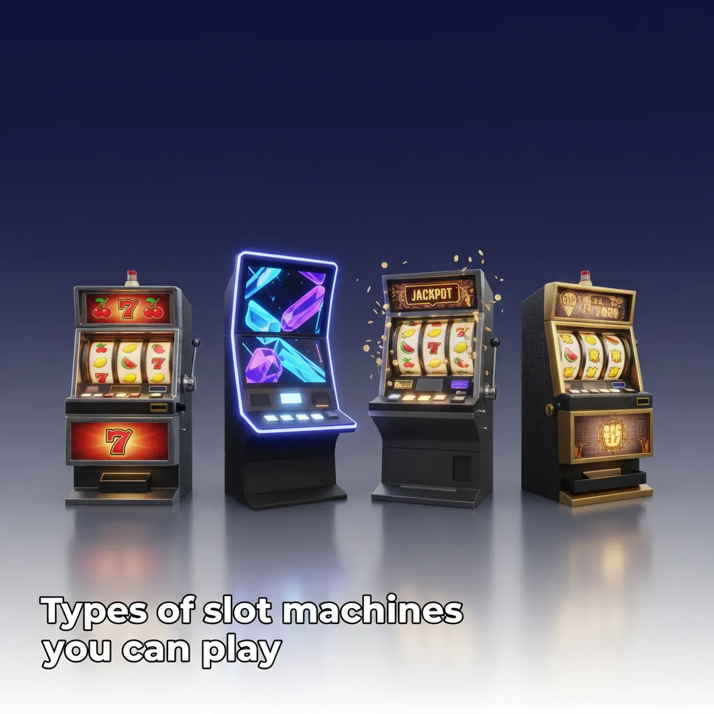 Grid of slot types: classic 3-reel, video, Megaways, progressive jackpot, fixed, cluster pays, Hold & Win, fruit.