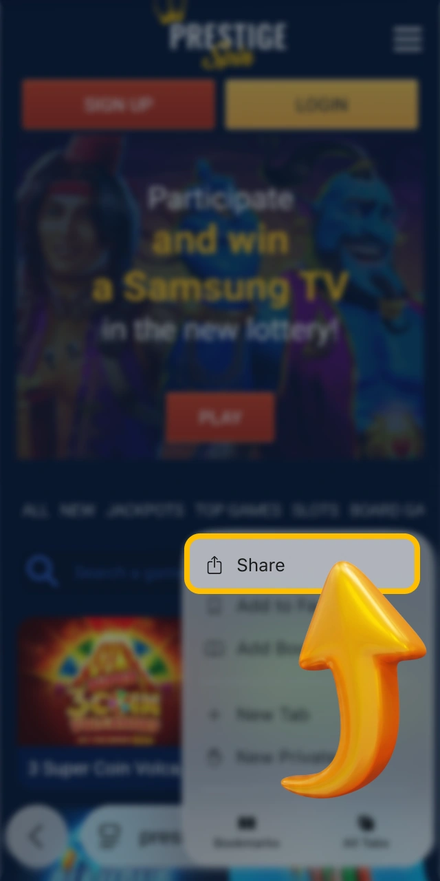 Access the standard sharing options menu on official Prestige Spin.