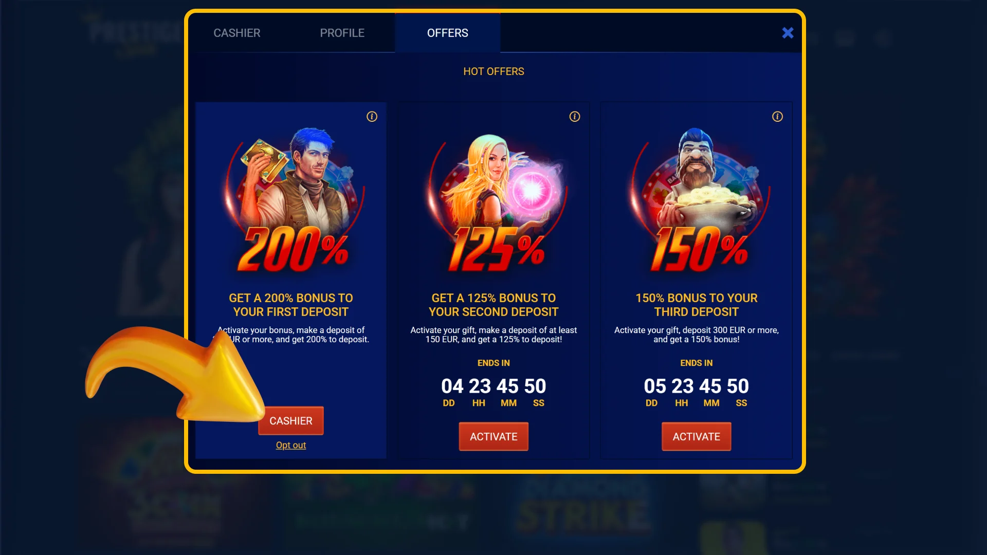 Activate your deposit welcome promotional reward at official Prestige Spin.