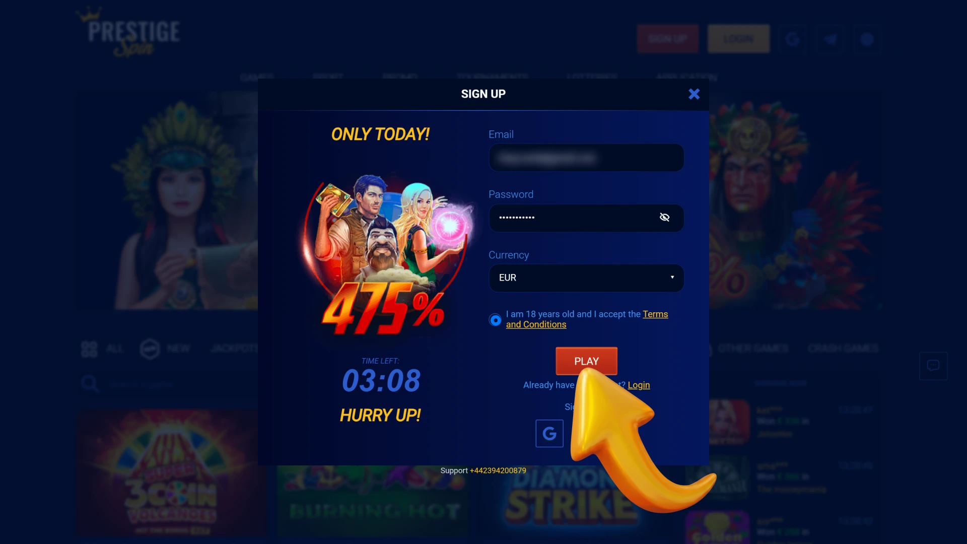Create your new user profile on official Prestige Spin portal.