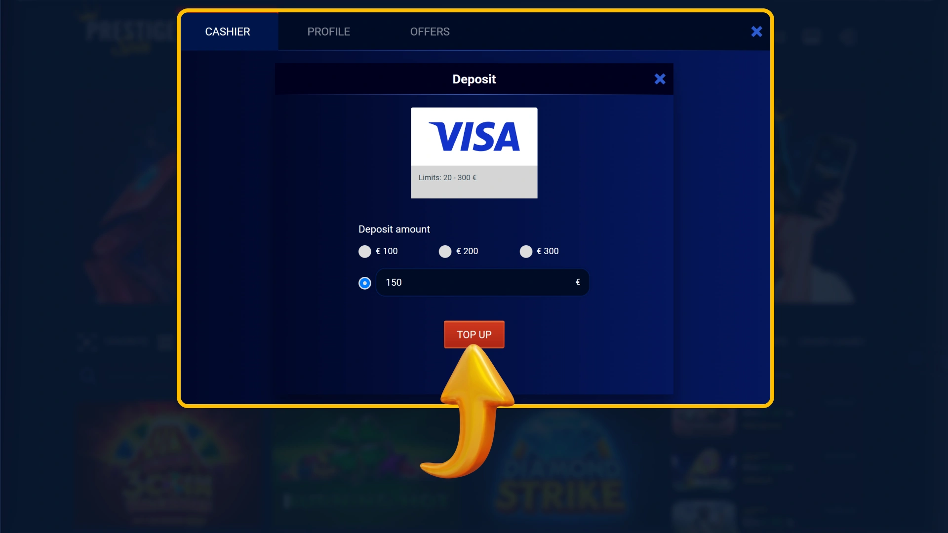 Fund your real money balance using official Prestige Spin cashier.