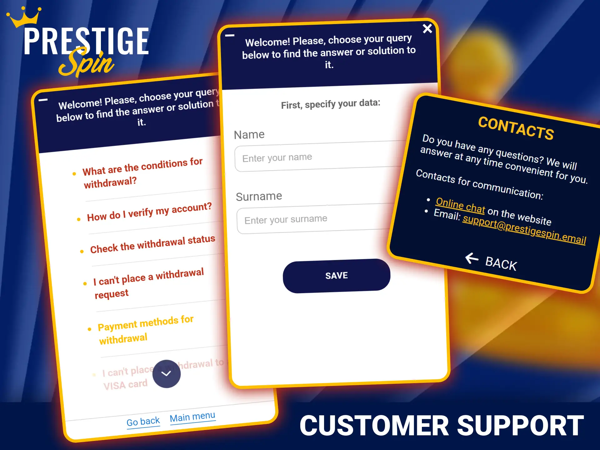 Contact payment support specialists directly through official Prestige Spin.