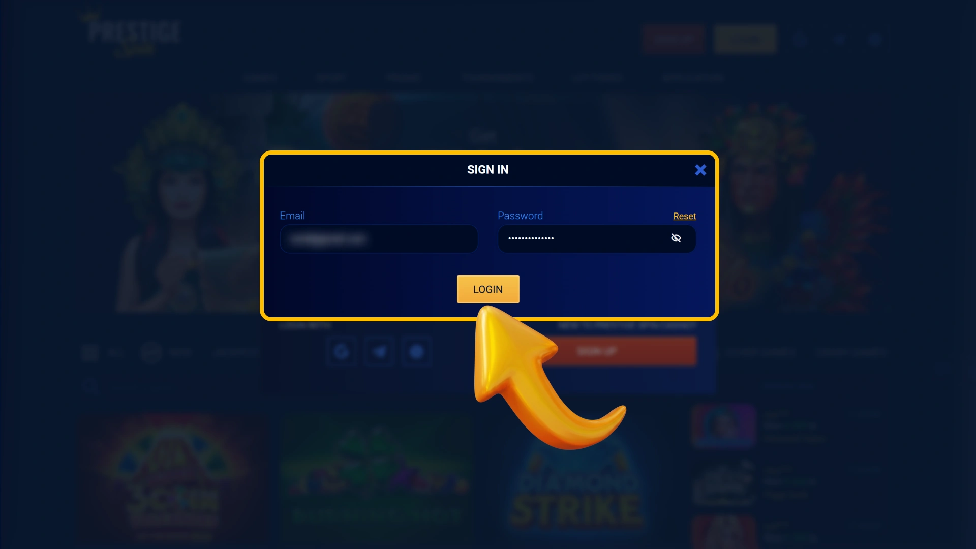 Log in to your personal profile on official Prestige Spin.