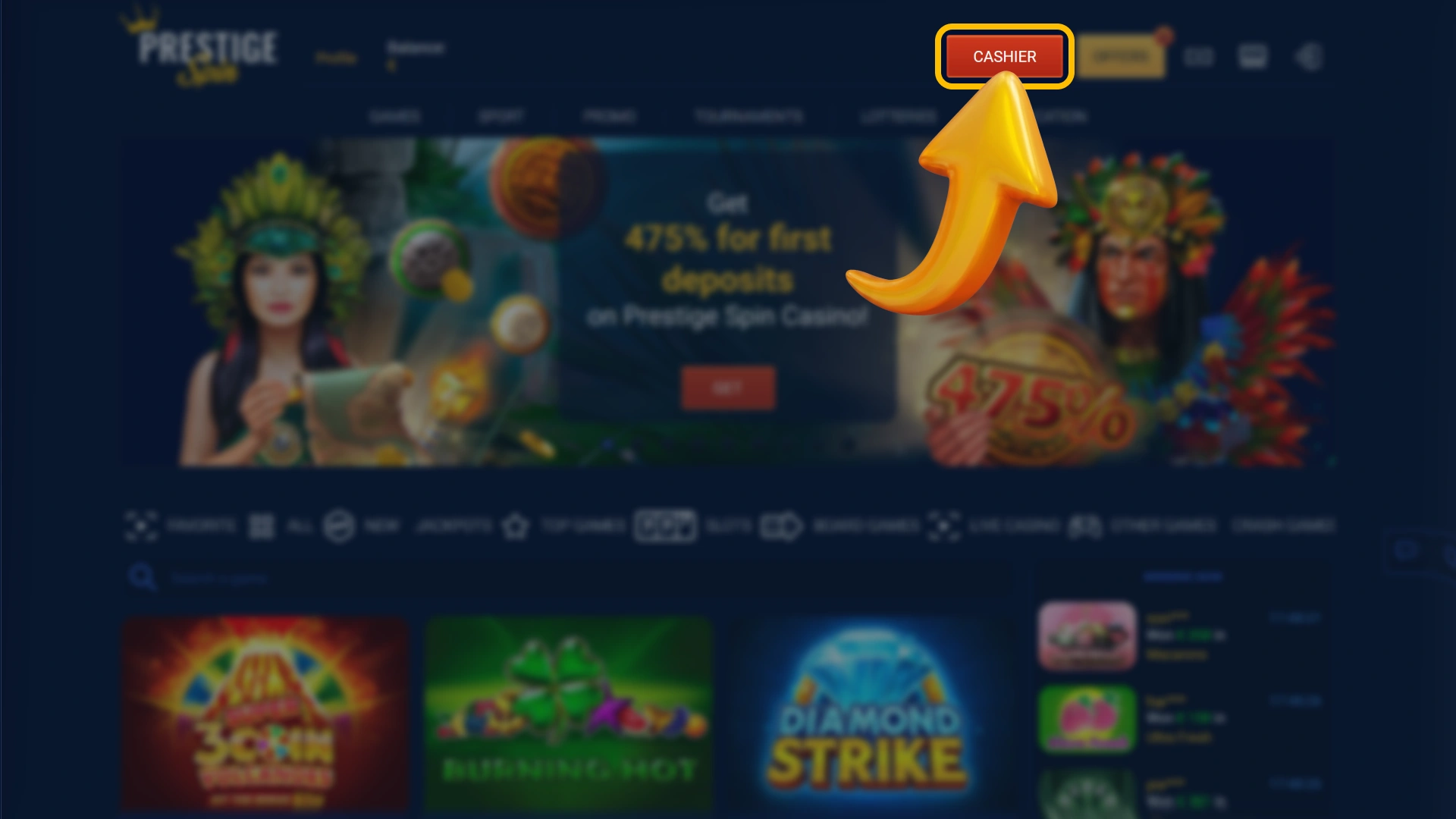 Navigate to the main financial cashier inside official Prestige Spin.