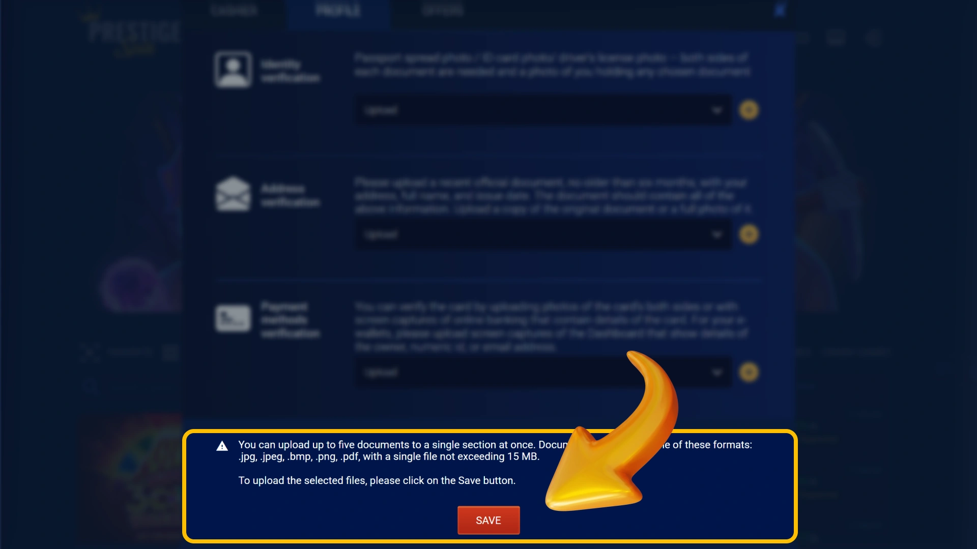 Pass the mandatory user identity verification on official Prestige Spin.