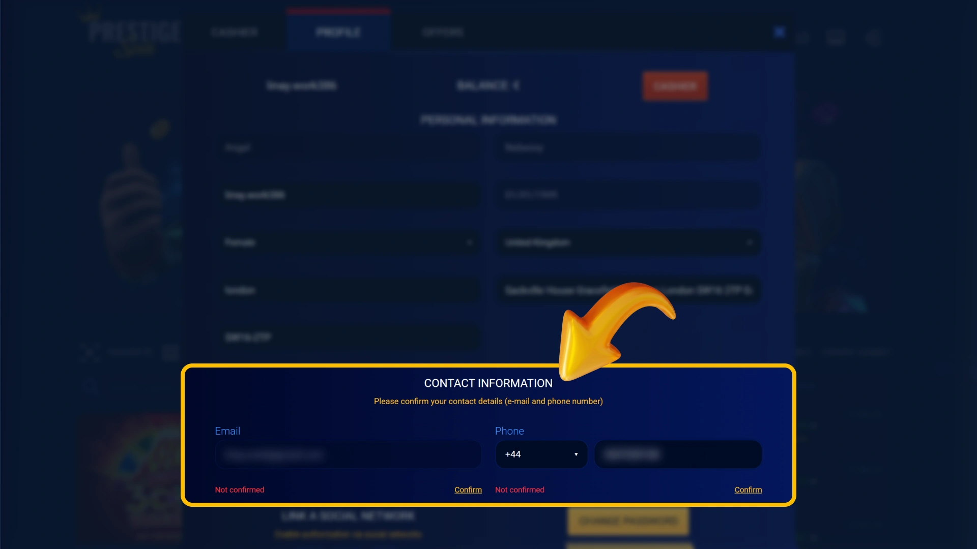 Confirm your registered contact options through official Prestige Spin.