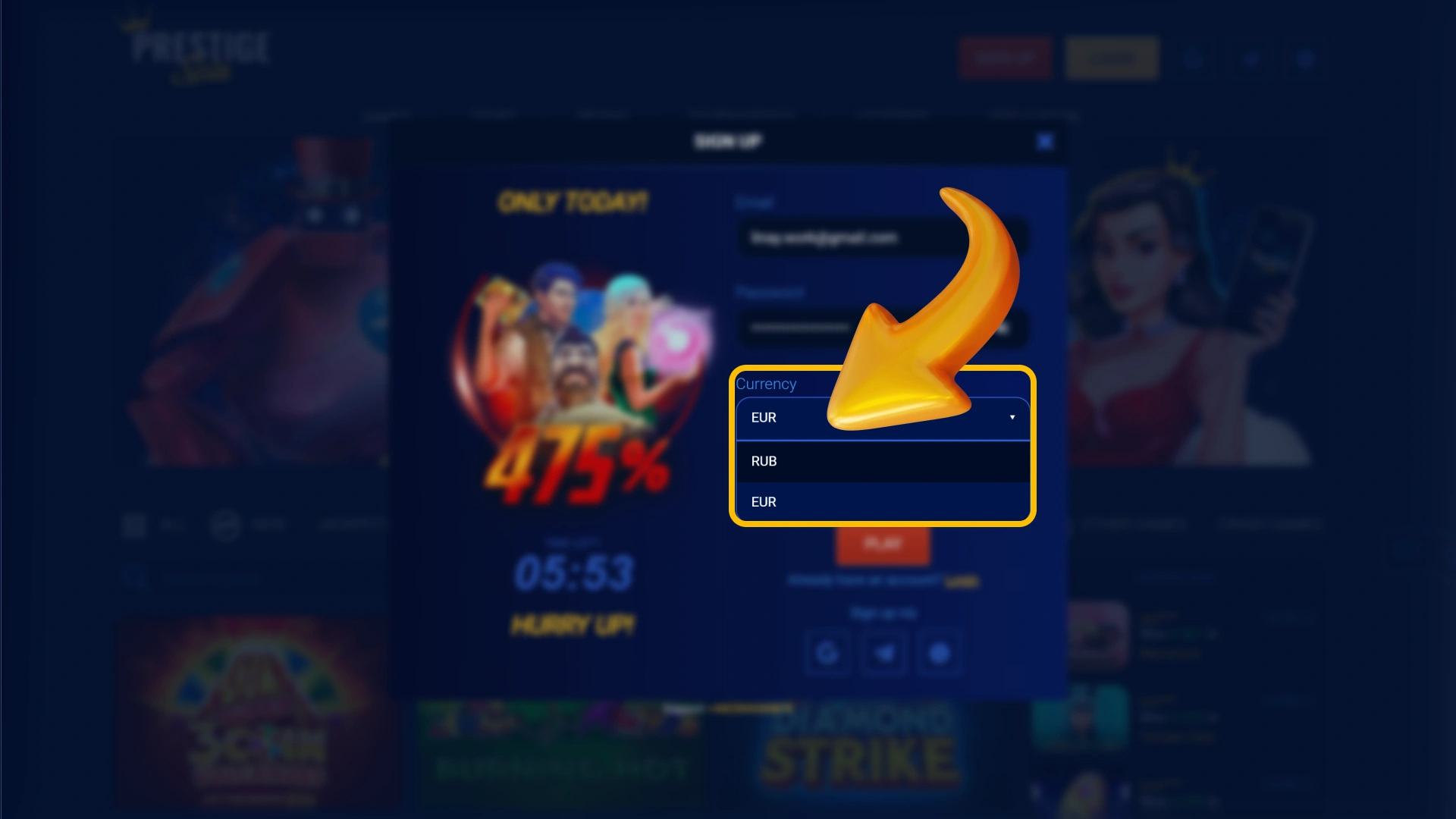 Pick your main real money currency within official Prestige Spin.