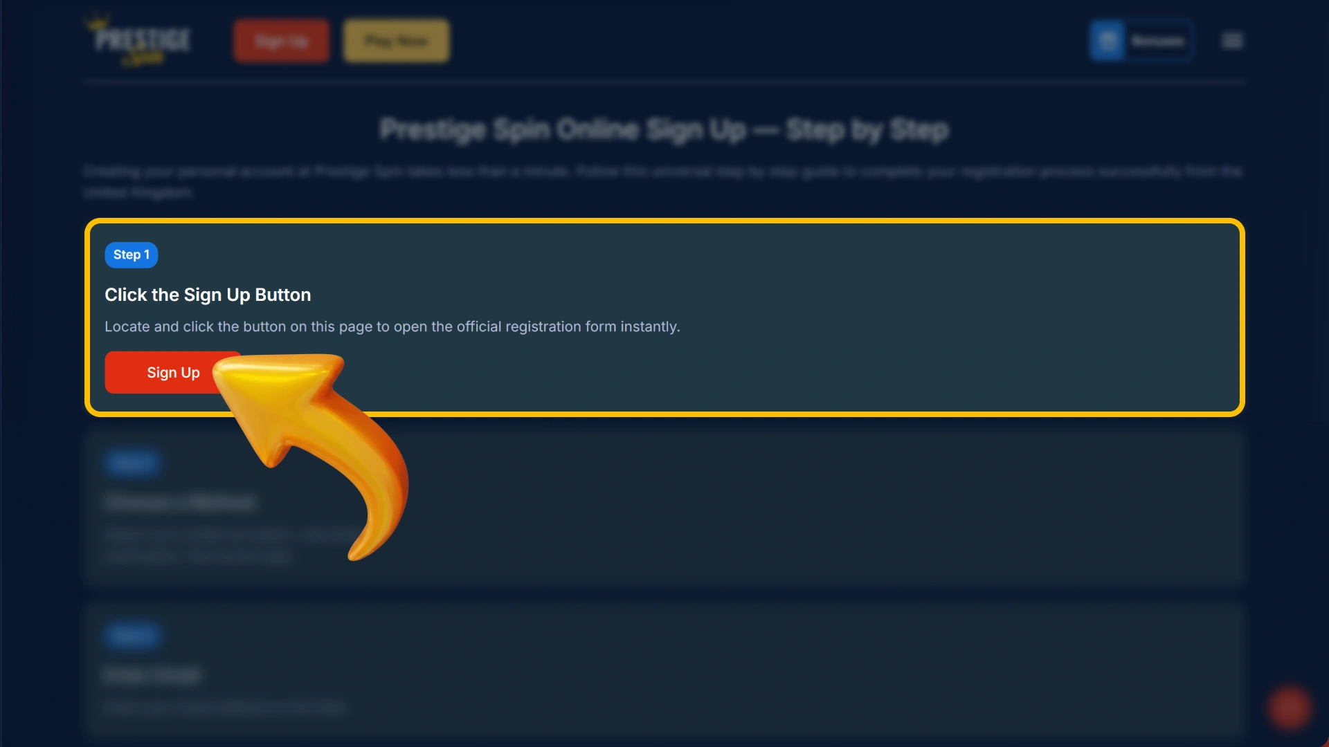 Launch the primary mobile signup form on official Prestige Spin.