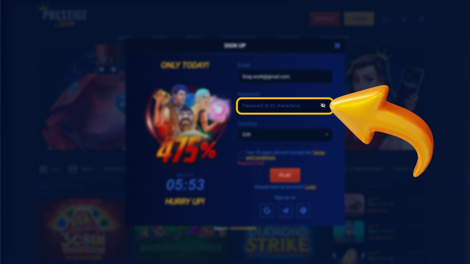 Create a highly secure account password on official Prestige Spin.