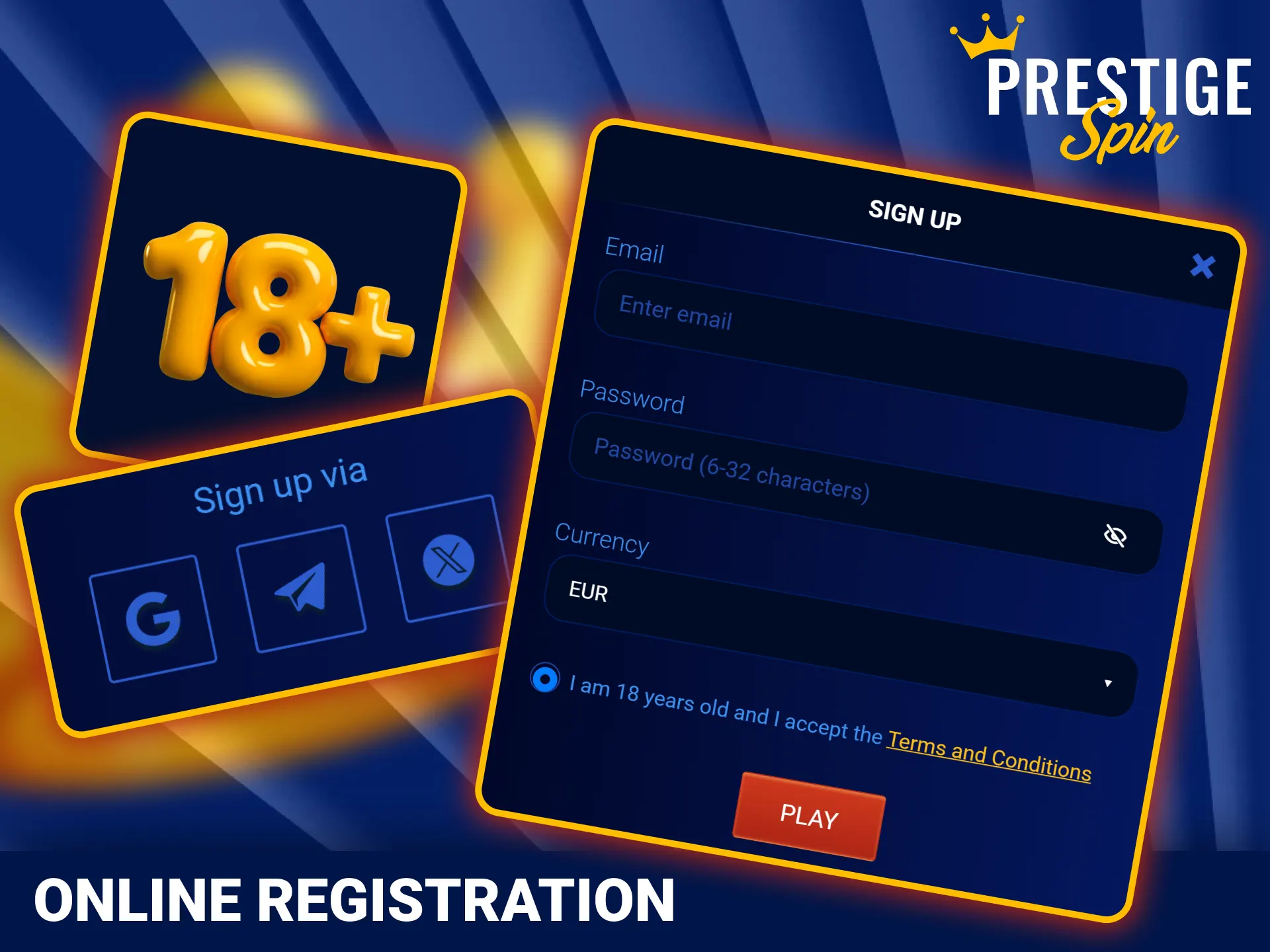 Review the legal account creation parameters on official Prestige Spin.