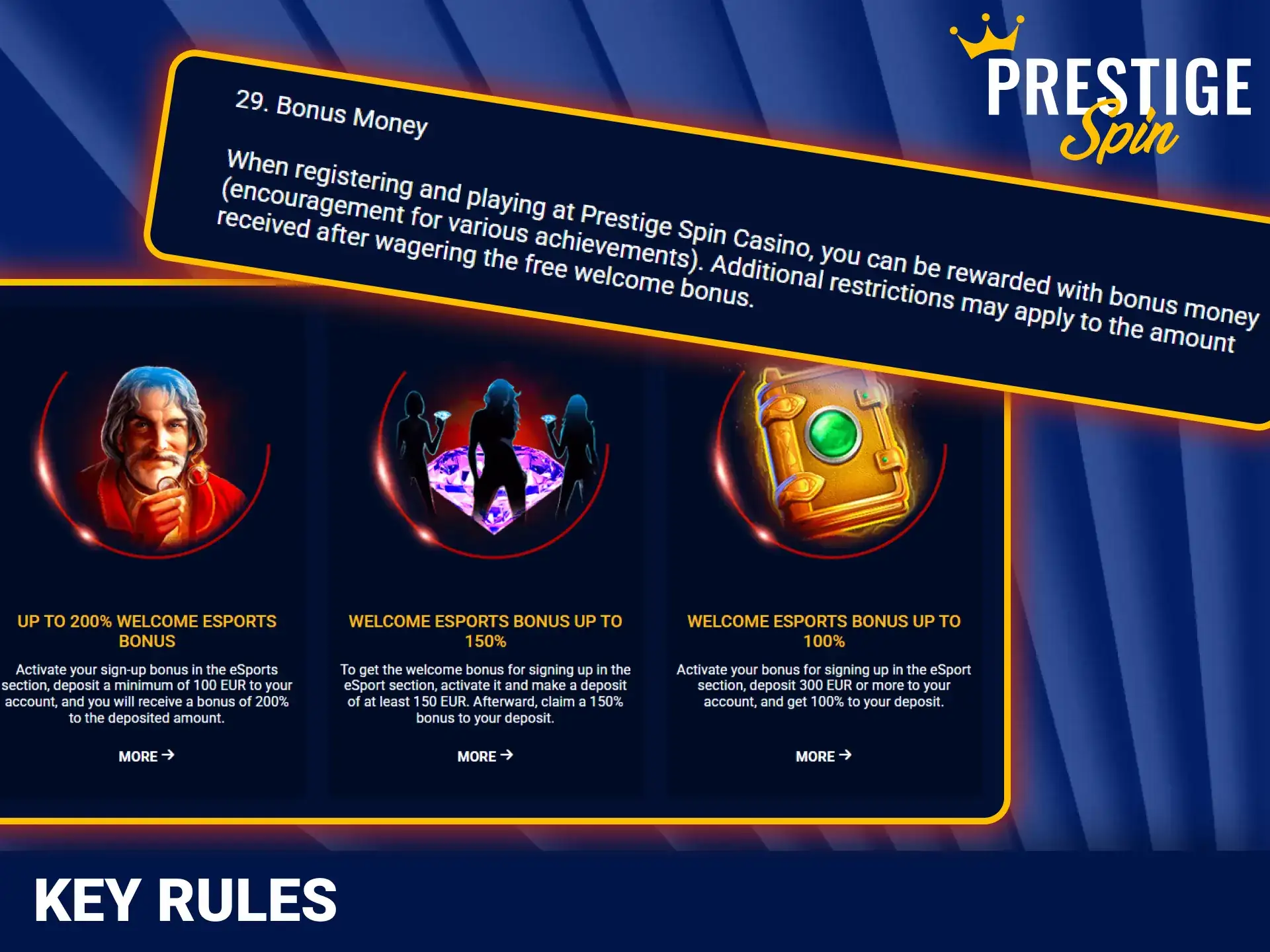 Review the key rules of the Prestige Spin platform regarding how to receive and use bonuses.